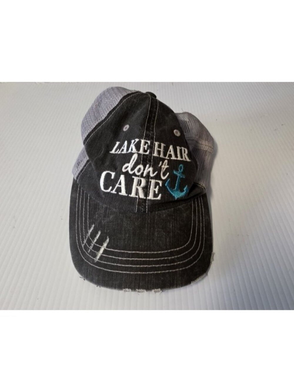 Women's Distressed Softball "Lake Hair Don't Care" Mesh Trucker Hat Adj Strap